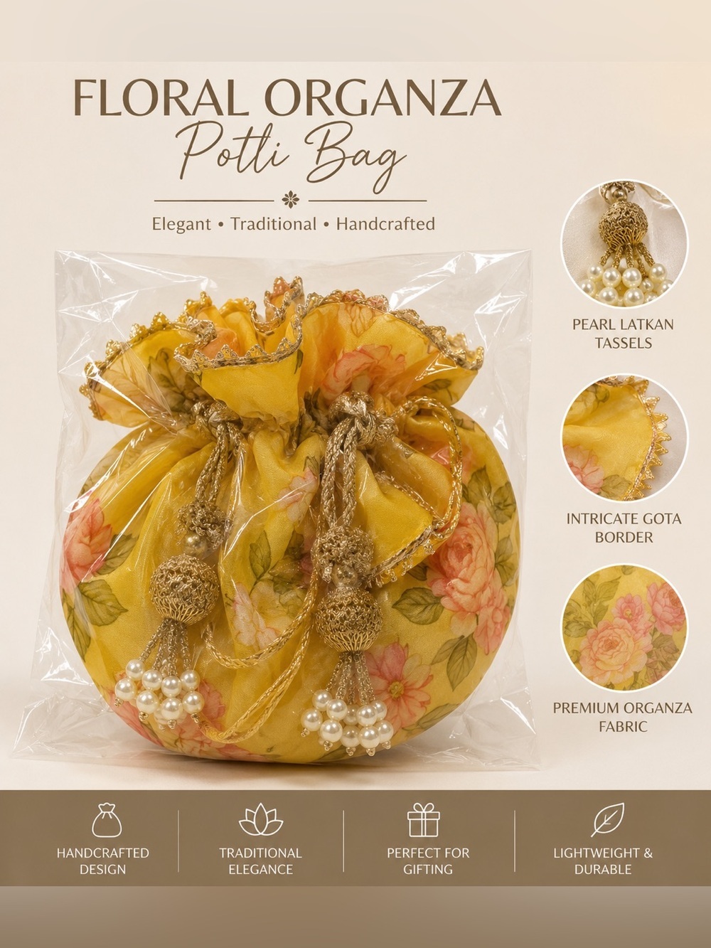 Floral Organza Potti Bag - Yellow Floral